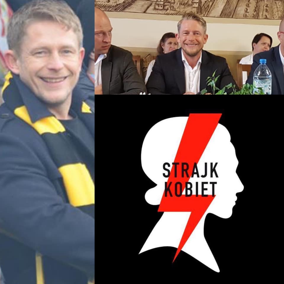 Na zdjęciu Radał Szlas w szaliku kibica, przy stole jako radny Wejherowa, grafika Strajku Kobiet. Zdjęcie z profilu Rafała Szlas na facebook.com